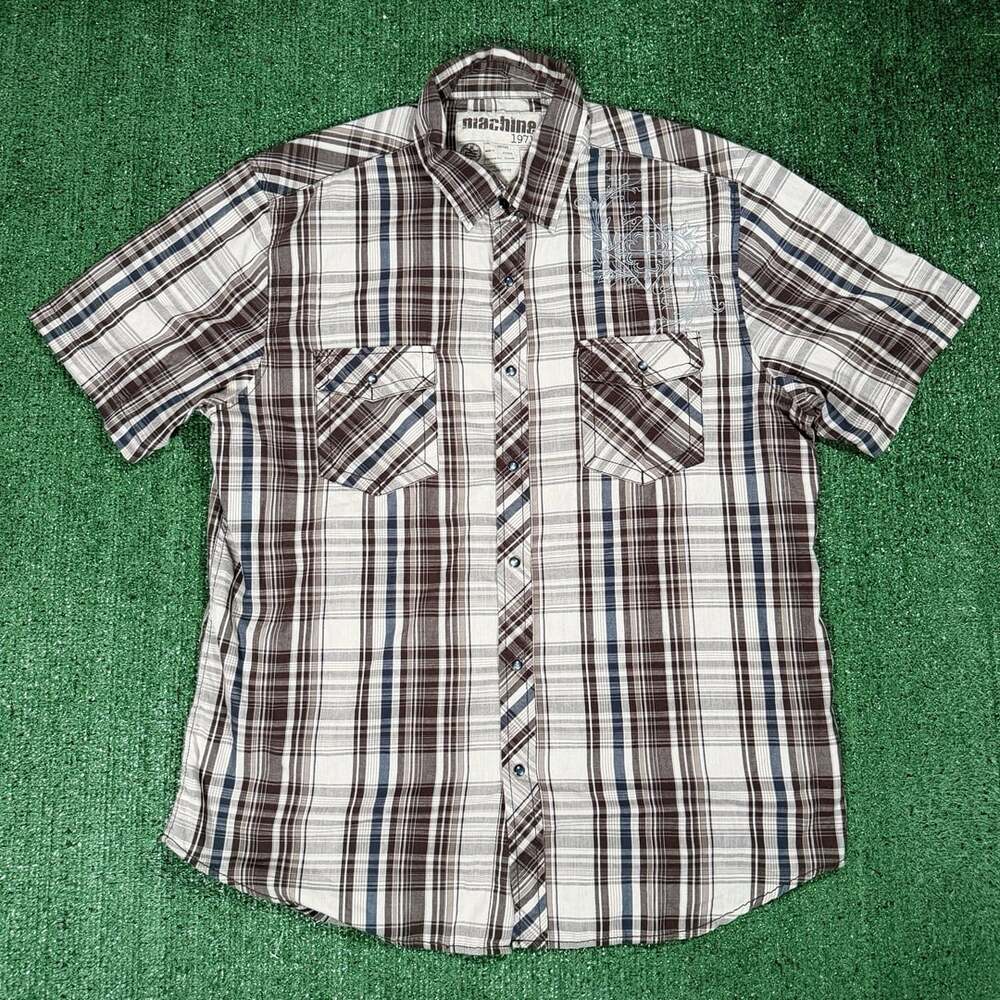 Y2K Machine 1971 Plaid Western Pearl Snap Short Sleeve Shirt XL Brown
